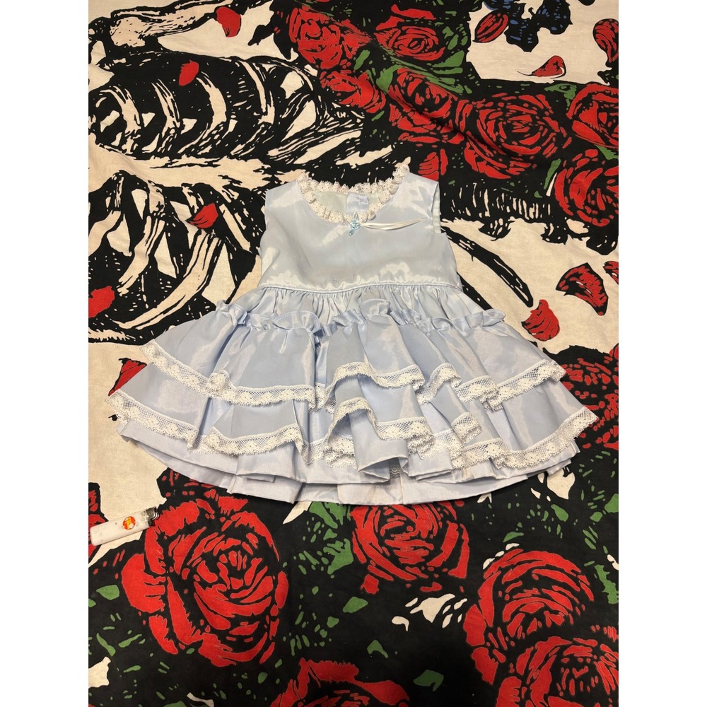 Sweet'n Sassy Vintage Blue Ruffled Lace Party Dress Toddler Size T3 Sash Back